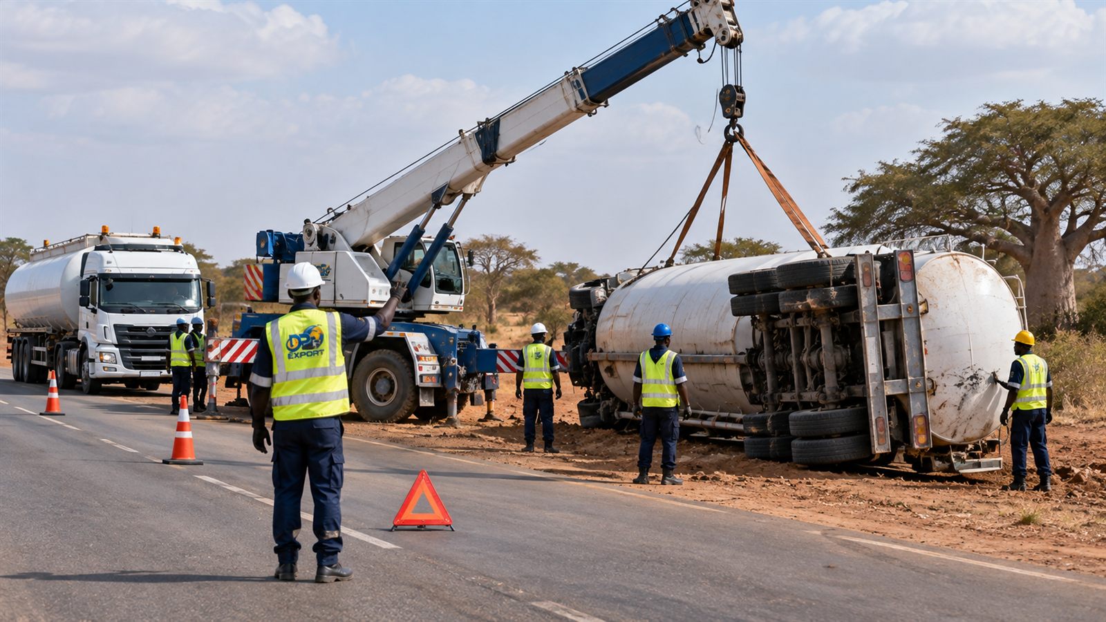 Relevage d'une citerne par camion-grue